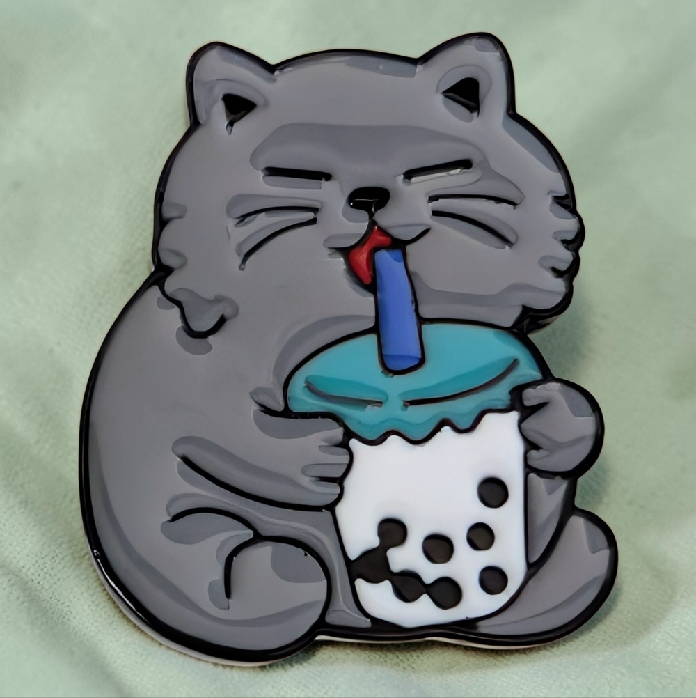 Cute Grey Cat with Bubble Tea Enamel Pin